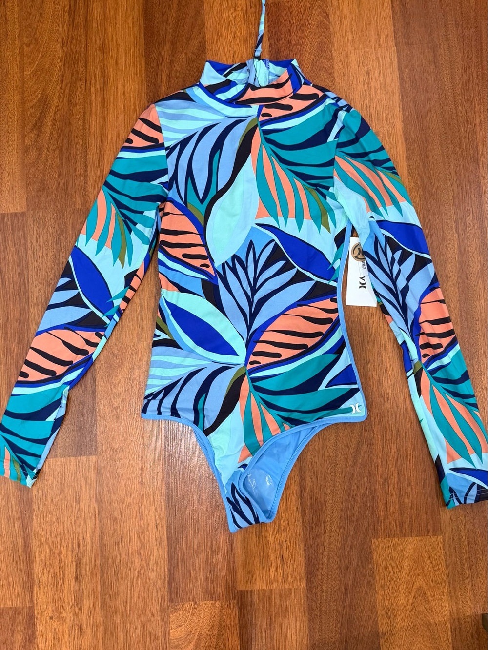 Hurley Tropical Leaf Long-Sleeve Swim One-Piece - Teal & Coral
